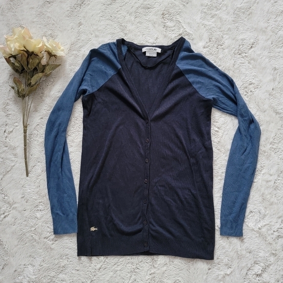 Lacoste Two Tone Blue Cotton Blend Button Up V Neck Cardigan Sweater Size 34 - Picture 2 of 11